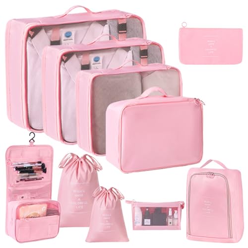 10 Set Packing Cubes for Travel Essentials, Rugged Luggage Sets Organizer with Mesh Design, Ideal Traveling Accessories for Men,Women, Good for Suitcase Organization on Any Trip（Pink)