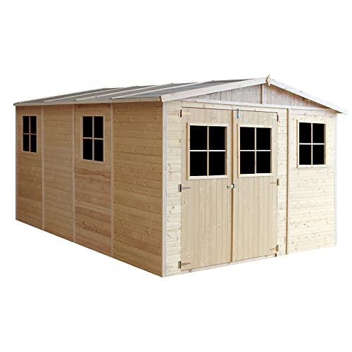 TIMBELA Abri de Jardin en Bois Naturel - Stockage extérieur avec fenêtres- H226x324x416 cm/12 m² Hangar en Bois Naturel - Atelier Rangement Outils et vélos M336