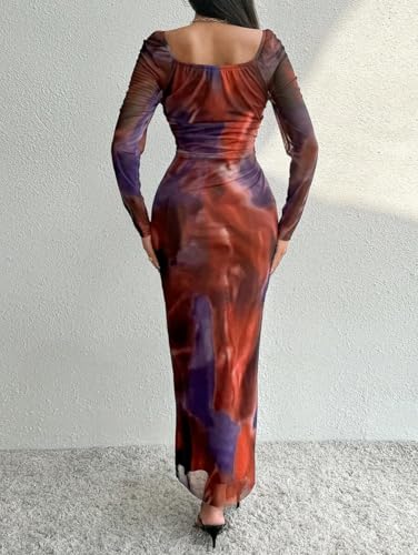 Image of LIGHT DOT Women's Printed Off Shoulder Maxi Dress Long Sleeve Bodycon Ruched Mesh Cocktail Dress