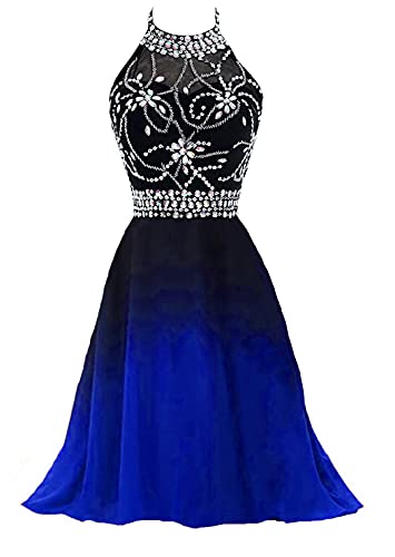 Beaded Halter Short Ombre Chiffon Corset Prom Homecoming Dress Black Blue US 2 : Clothing, Shoes & Jewelry