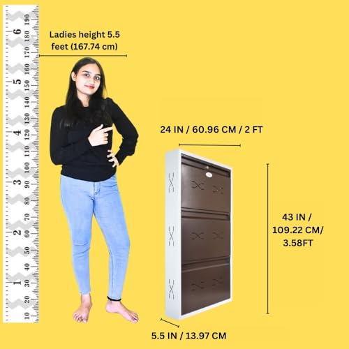 Image of I Metal Shoe Rack I Slim and Wall Mounted I 3 Shelves (Brown Colour) I Coad LC 2M-03 BR I Height 43 Inchs, Width 24 Inchs, Depth 5.5 Inchs I 3 Years Warranty.
