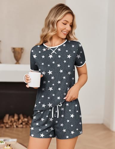 Image of Ekouaer Women Pajama Set Casual Shorts Sets Short Leeve Lounge Set | Soft Sleepwear Top and Shorts for Daily Wear, Home, Party for Mom, Wife