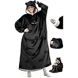 Mewaii Wearable Blanket Hoodie for Adults, Soft Flannel & Warm Sherpa, Black Cat Hooded Blanket with Giant Pocket, Extra-Long Knee-Length Sweatshirt for Lounging, Outdoor Walks, Cat Gifts for Women