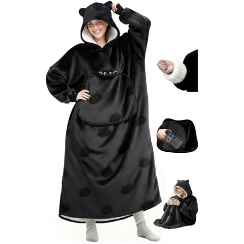 Mewaii Wearable Blanket Hoodie for Adults, Soft Flannel & Warm Sherpa, Black Cat Hooded Blanket with Giant Pocket, Extra-Long Knee-Length Sweatshirt for Lounging, Outdoor Walks, Cozy Gifts for Women