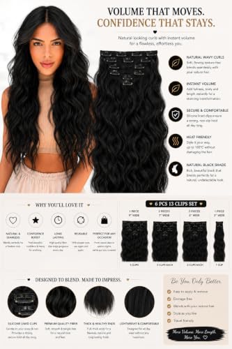Image of Salon-Grade Clip-in Hair Extensions for Women, Imported Synthetic Hair, 6 PCS with 13 Secure Clips, Instant Volume, Natural Blend, Reusable Hair Volumizer (Black, Curly /Wavy)