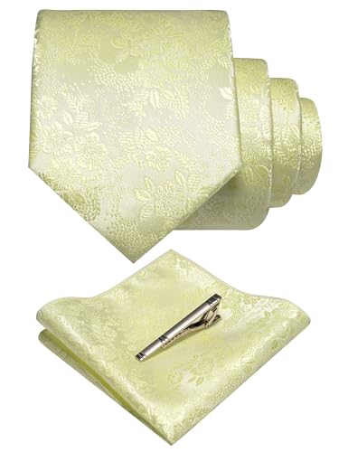 JEMYGINS Silk Light Yellow Floral Tie Necktie and Pocket Square Hankerchief and Tie Bar Clip Sets for Men(63)