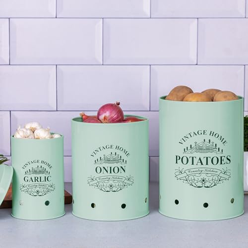 Image of Metallure Home Round Classic Kitchen Storage Containers | Set of 3 Metal Jars With Lid | Potato, Onion & Garlic (Food Safe) (Light Green)