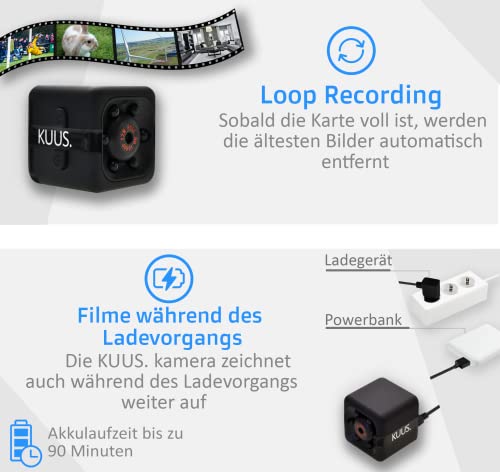 KUUS.® C1 Mini Überwachungskamera 2,3 cm | Kamera überwachung innen mit Nachtsicht & Bewegungsmelder | Full HD 1080P Micro Camera ohne WLAN mit aufzeichnung 32-GB SD Speicherkarte für Innen