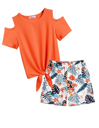 Image of Arshiner Girls Short Sets 2 Pieces Outfits Short Sleeve Tie Knot T-Shirts and Casual Shorts With Pockets Cute Clothes Sets