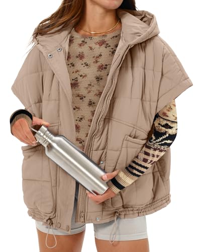 Gacaky Quilted Vest for Women Oversized Stand Collar Cap Sleeve Puffer Jacket Lightweight Warm Button Zip Up Hoodies Coat Outwear Khaki S
