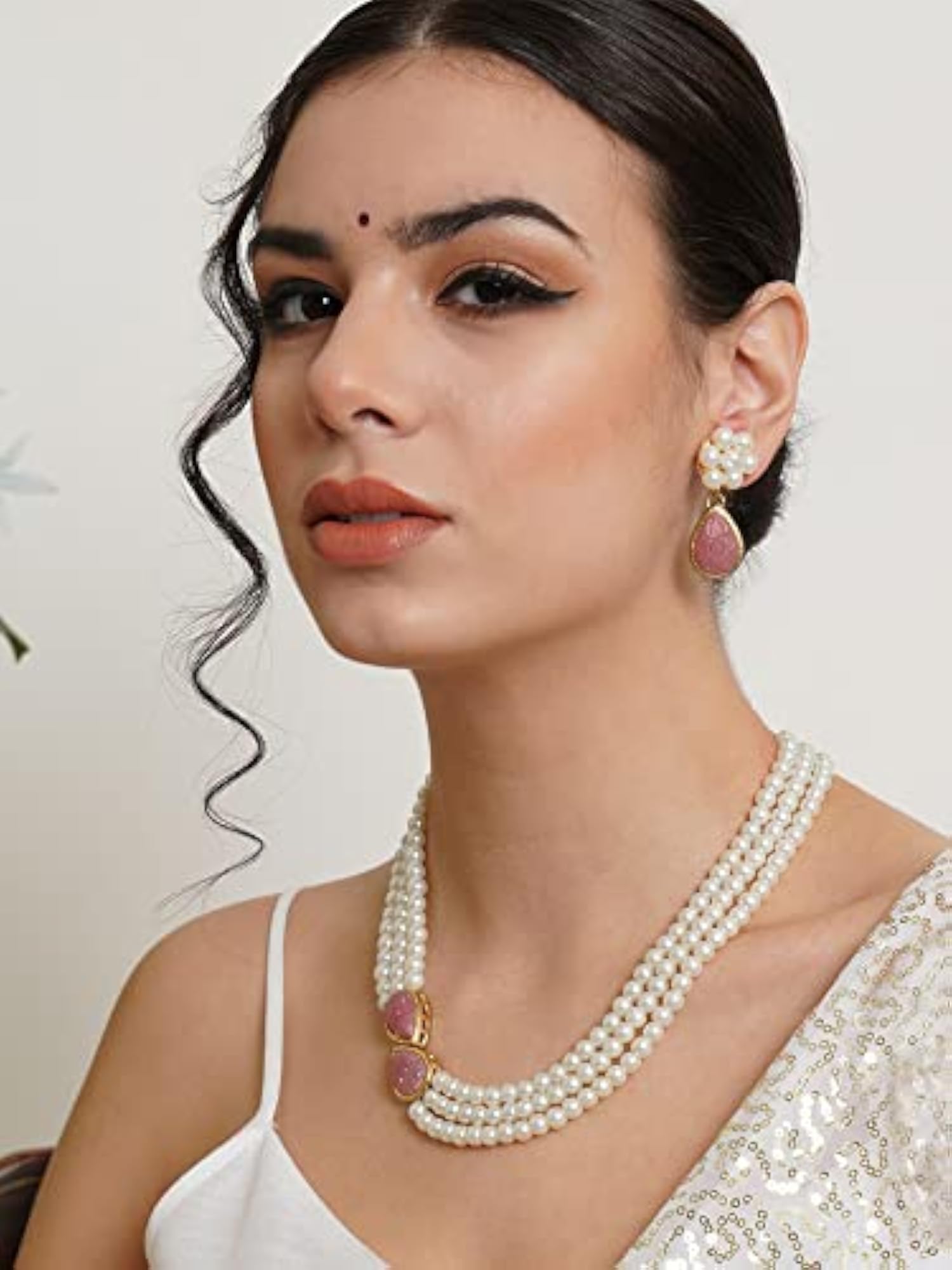 Women's Stone Studded Pearl Kundan Necklace Set
