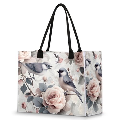 Art Bird Roses Tote Bag for Women Large Beach Bag Reusable Tote Bags for Work Travel Beach Shopping