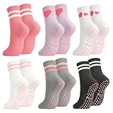 scenicamp Pilates Socks with Grips for Women Cute Stripes Hearts Non Slip Yoga Socks with Grippers for Barre,Dance,Workout,Hospital(6 Pairs)