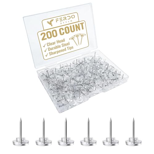 Ferdo Stylo Clear Push Pins, 200 Pack, Plastic Head, Steel Point, Clear Thumb Tacks, Flat Head Thumb Tacks, Plastic Push Pins for Cork Board, Wall Hanging, Bulletin Board, Maps image 1