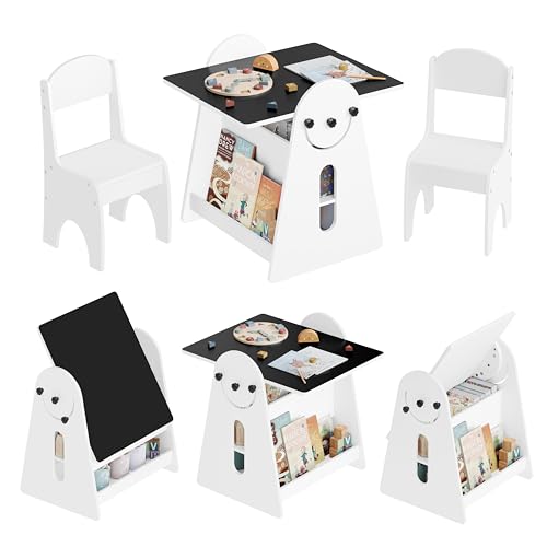 WOLTU Kindertisch mit 2 Stühlen, Kindertisch mit Stauraum, Innen 3 in 1 Maltisch/Tafeltisch mit Bücherregalen für Kinderzimmer, Vorschüler Kindersitzgruppe Indoor, Weiß