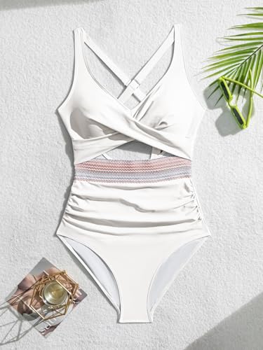 Image of B2prity One Piece Swimsuit for Women Tummy Control V Neck Bathing Suit Color Block High Waisted Cutout Swimwear