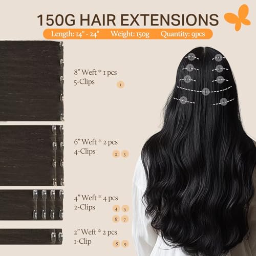 Image of DOORES Human Hair Extensions Clip in, Mocha Brown 150g 9pcs 16 Inch, Clip ins Remy Hair Extensions Real Human Hair Clip in Hair Extensions Human Hair Natural Straight Thick Hair