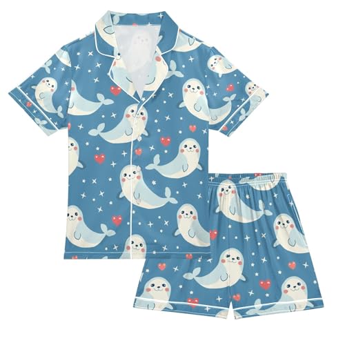 senya Star Dot and Heart Satin Summer Pajama Sets Silk Short Sleeve Button Down Sleepwear