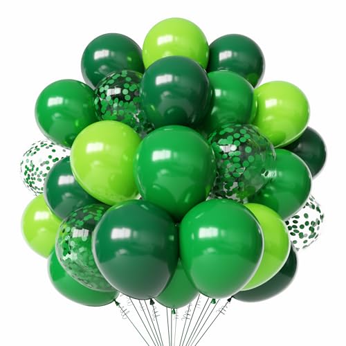 Green Latex Balloons 50pcs 12 Inches Dark Green Lime Green Confetti Balloons with 1 Ribbon for St. Patricks Day Jungle Safari Birthday Party Decorations