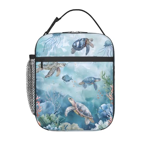 ainori Reusable Sea Turtle Lunch Box for Kids Girls Boys Women Adult, Insulated Jellyfish Fish Blue Lunch Bag,Polyester Cooler Stylish Handbags Case for School Picnic Work Travel Beach or Hiking
