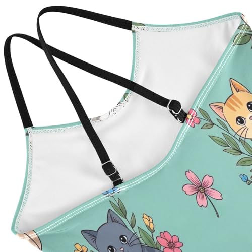 Girl Bathing Suits 3-10 Y Beach Swim Suits Kids, Cute Cats Colorful Flowers Teal4