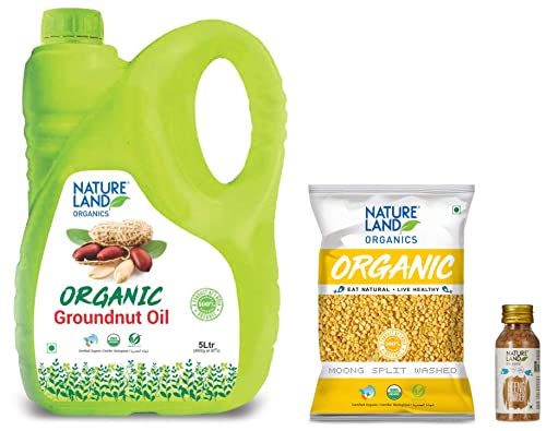 Image of Natureland Organics Groundnut Oil Jar, 5 L & Moong Dal Yellow /Split Washed Pouch, 1 kg & Natureland Organics Heeng Powder 50 Gm - Organic Heeng