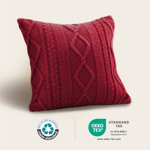 Throw Pillow Covers Set of 2-12x20 Inch Handknit Decorative Throw Pillow Covers,Wool Woven Cushion Covers,Chunky Yarns Couch Pillow Covers for Sofa Living Room Home Decor,Red