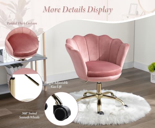 chairus Homeoffice Stuhl, Drehstuhl aus Samt Schreibtischstuhl höhenverstellbar Bürostuhl mit Blütenblatt-Rückenlehne, Vergoldeter Sockel Sessel für Schlafzimmer/Schminktisch,Rosa