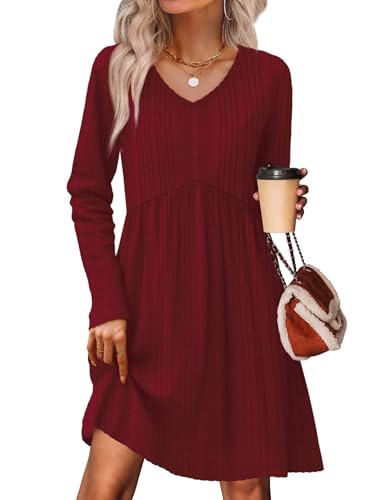 Sweater Dress for Women School Outfits for Teachers Wedding Guest Dress Early Fall Fashion V Neck Baby Doll Homcoming Dresses Women Christams Red S