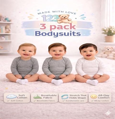 Image of 123 Bear Baby 3-Pack Soft Cotton Spandex bodysuits
