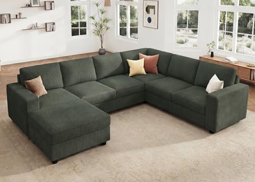 Image of HONBAY Corduroy Sectional Sofa with Storage, U Shape Sectional Sofa with Chaise, Sectional Couches for Living Room, Green