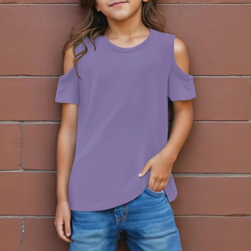 Girls Cold Shoulder Tops Summer Short Sleeve Round Neck T-Shirts Teen Girls Casual Loose Fit Solid Color Tee Shirt2