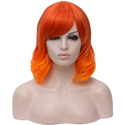 Beauwig Short Bob Natural Pastel Wavy Wig with Side Bangs Women's 12.5" Synthetic Cosplay Wigs Charming Curly Wig for Girl Colorful Costume Halloween Party Include Wig Cap (Ombre Orange)