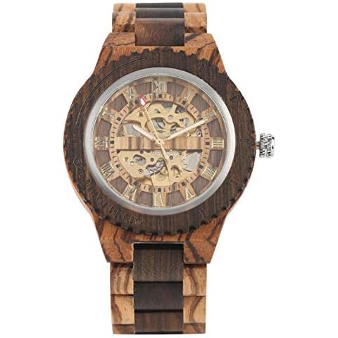Wooden Bangle Watchband Roman Numerals Display Automatic Clock Brown Cover