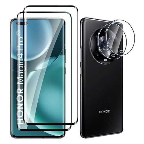 Fyqzio [2+2 Piezas Cristal templado compatible con Honor magic 4 Pro y protector de pantalla de cámara,sin burbujas,dureza 9H,antiarañazos,3D Cobertura Completa,HD protector de pantalla