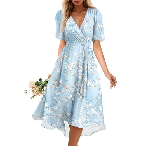 Wickelkleid Strand, Sommerkleider Damen Leicht und Luftig Elegant Lang V Ausschnitt A Linien Hohe Taille Blumen Urlaubkleid mit Knopfleiste für...
