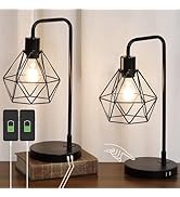 COTULIN Set of 2 Industrial Touch Control Black Table Lamp,Vintage Desk Lamp with 2 USB Charging ...