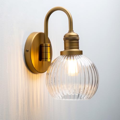 Pathson Vintage Col de Cygne Applique Murale Industriel E27 Luminaires Intérieur Abat-jour en Verre Rond Lampe Murale pour Salle de bains Cuisine Entrée (Laiton...