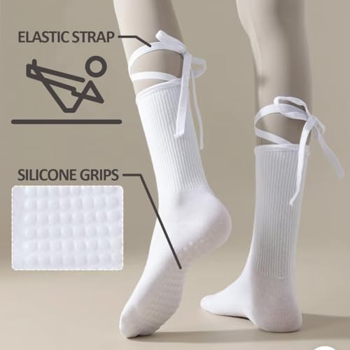Image of Pilates Socks with Grips for Women Straps Cute Yoga Non Slip Gym Athletic Socks 2 Pairs