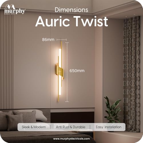 Image of Murphy Auric Twist 12W Decorative LED Wall Lamp | Warm White Wall Light | Premium Gold Finish | Modern Wall Sconce for Living Room, Bedroom & Hallway | 2 Year Warranty | Pack of 5