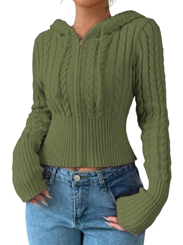 SOLY HUX Women's Crop Cardigan Sweater Cable Knit Zip Up Hoodies Long Sleeve Fall Jacket Y2k Outerwear Army Green Small
