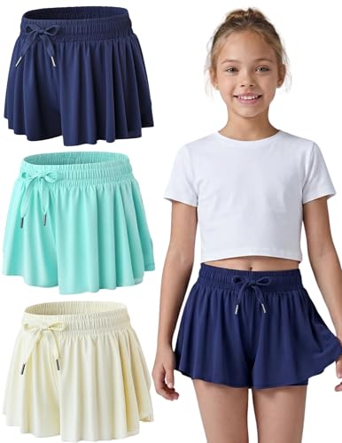 Image of 3 Pack Girls Flowy Shorts with Spandex Liner 2-in-1 Youth Butterfly Skirts for Fitness, Running, Sports