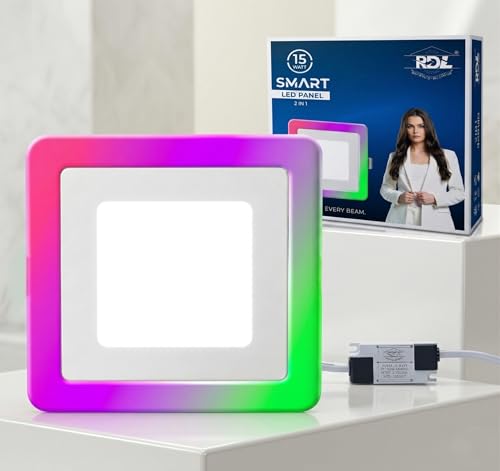 Image of RDL 15Watt Multicolor Surface Ceiling Light with Sqaure Shape | White+PGB | Ceiling Light for Bedroom, Living Room, Kitchen, Balcony | Pack of 1 (Multicolor)