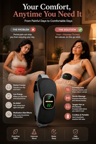 Image of Comfytemp Period Cramp Relief Massager with 3 Heat & 3 Massage Modes, Portable Cordless Electric Heating Pad for Pain Relief, Back & Belly Heating Belt with LED Display, Rechargeable Menstrual Device