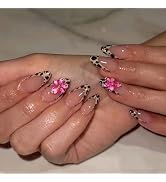 Leopard Hibiscus Press on Nails Medium Almond Fake Nails - Pink Flower False Nails Press ons with...