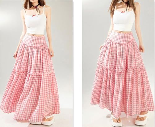 utcoco Womens Retro Plaid High Waist Patchwork Pleated A-line Skirt Cute Pink Checkered Long Skirts2