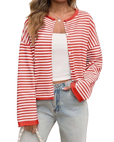 Striped Cardigan Sweaters for Women Long Sleeve Button Down Crew Neck Knit Coat