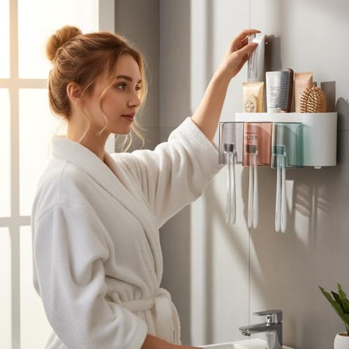 Image of Srxes Wall Mounted Toothbrush Holder, Bathroom Toothbrush Organizer with Mouthwash Cups, Brush Holder for Bathroom Wall Mounted, Tooth Brush Holder Bathroom, Toothbrush Holders for Bathroom Wall