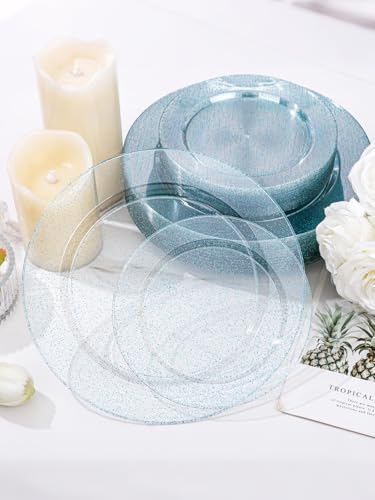Image of WDF 200PCS Blue Plastic Plates - Blue Glitter Plastic Plates - Heavy Duty Disposable Plates - Include 100 Dinner Plates 10 inch and 100 Dessert Plates 7 inch for Parties /Wedding /Birthday