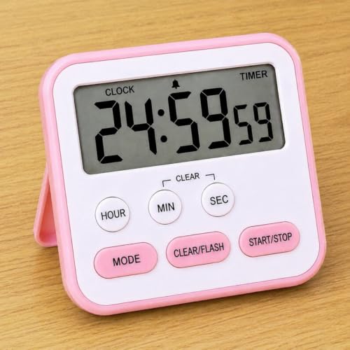 Image of LENTRAO Digital Kitchen Timer with Loud Alarm | Magnetic Back, Foldable Stand & Hanging Hook | Large LCD Countdown & Count Up Timer for Cooking, Baking, Study, Classroom, Gym & Office | Pink